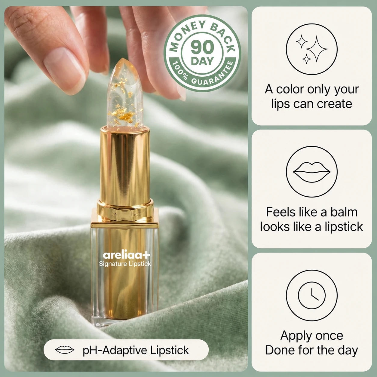 areliaa+ Signature Lipstick with pH-adaptive formula and gold detail
